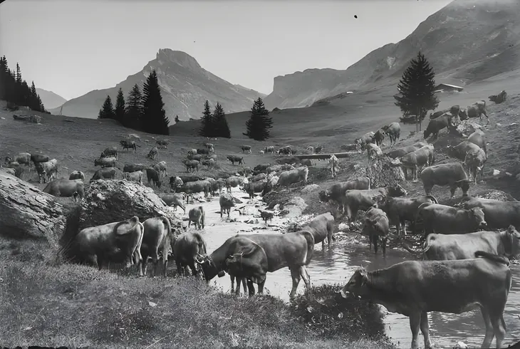 Troupeau de vaches Tarines dans la vallée de Roselend, le long du ruisseau en 1937