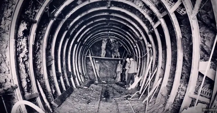 Ouvriers à l’oeuvre dans l’étayage des galeries