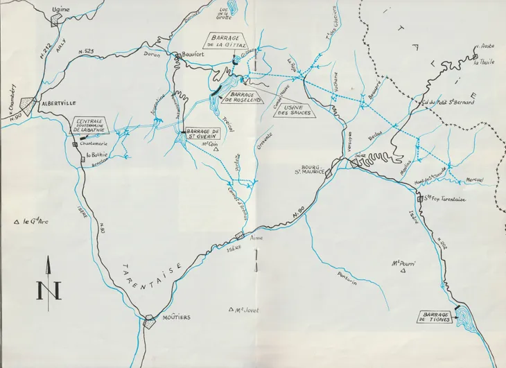 Carte de la vue d’ensemble des installations hydrauliques proches de Roselend